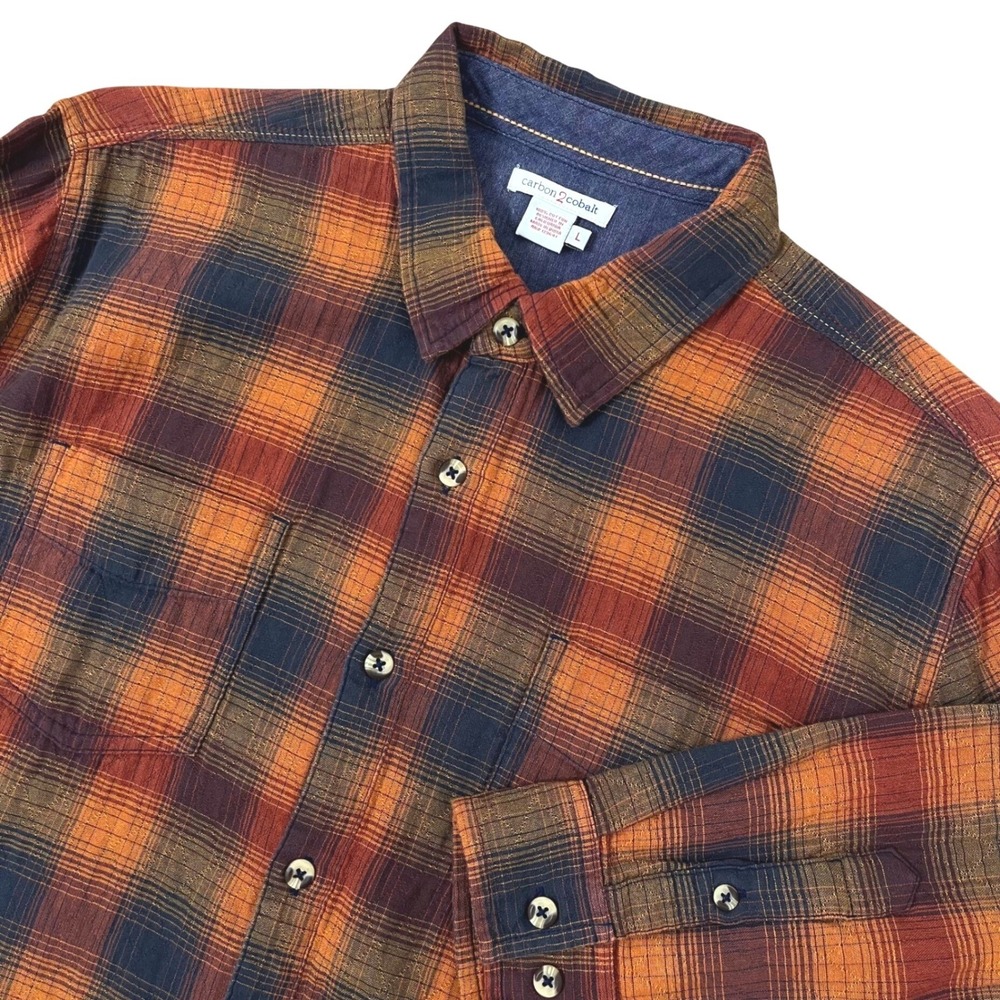 Carbon 2 Cobalt Mens Button Down Shirt L Orange Plaid LS Flannel Outdoor Rustic